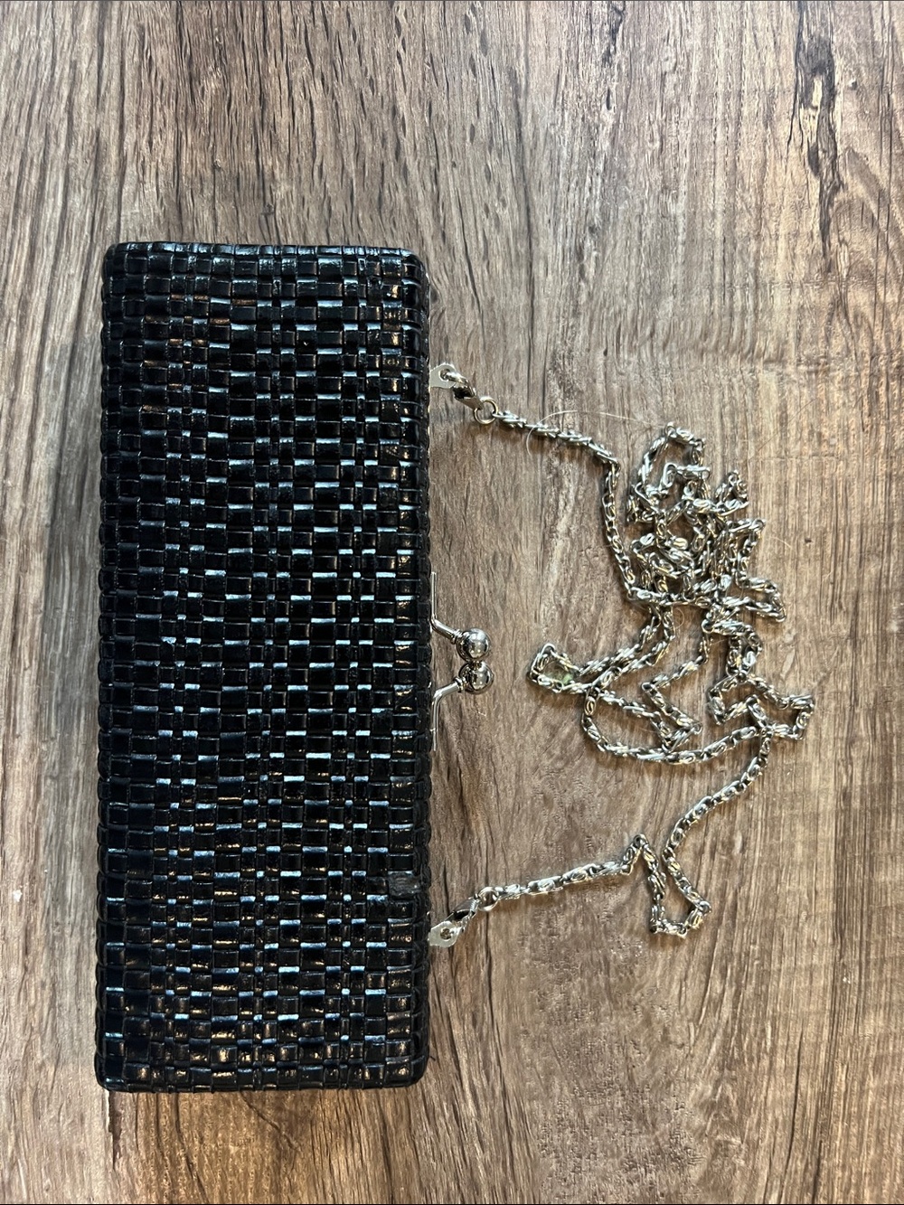 Bijoux Terner Black Woven Box Clutch Hardcase Evening Bag with Chain Strap